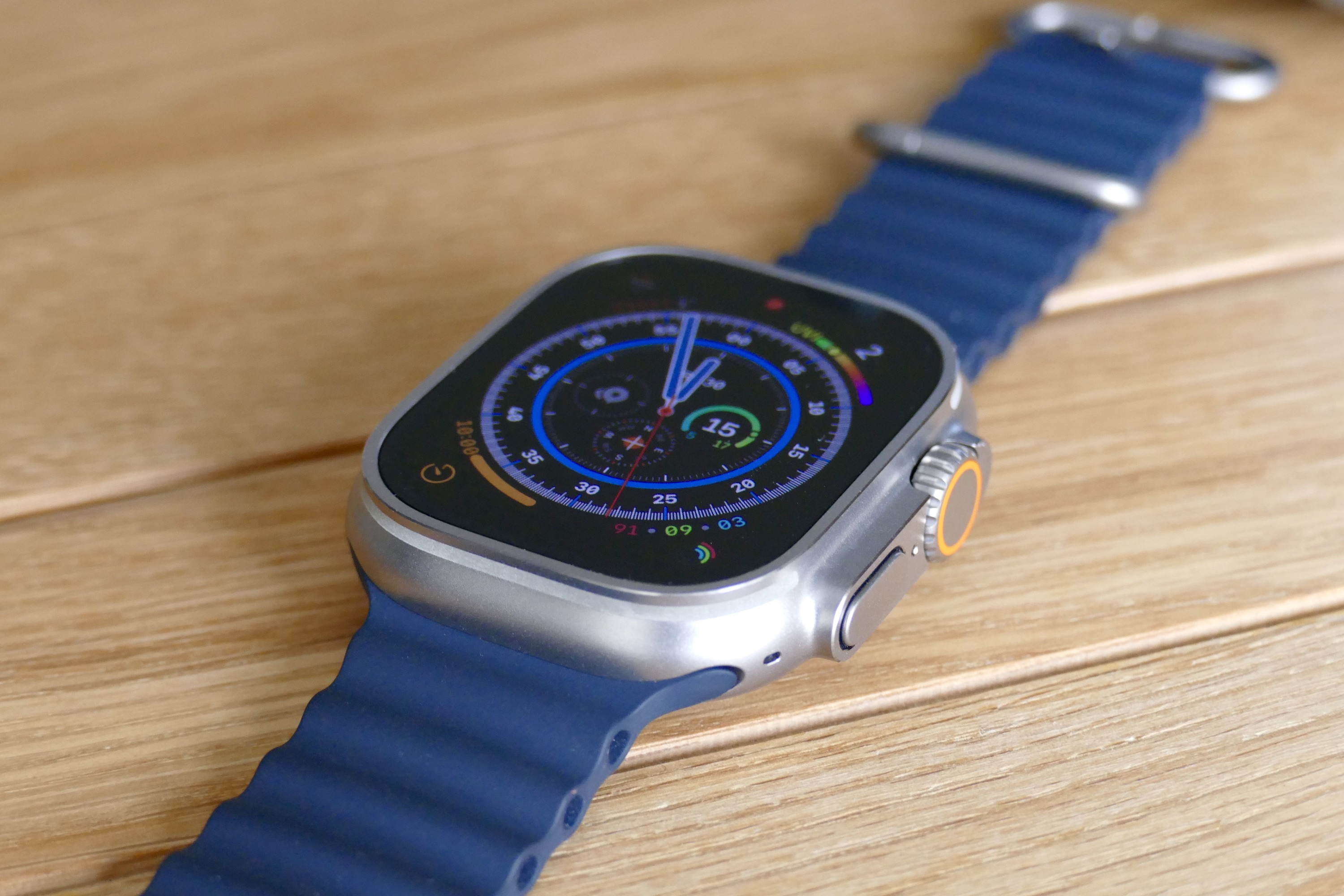 The Apple Watch Ultra's raised bezel and Digital Crown guard.