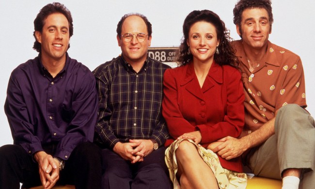 The cast of "Seinfeld" seated on a couch.